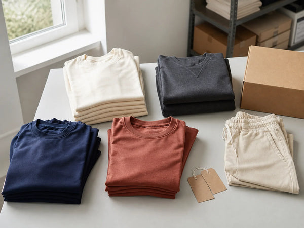 Photorealistic editorial image of a small boutique clothing inventory with folded garments, blank tags and packaging.