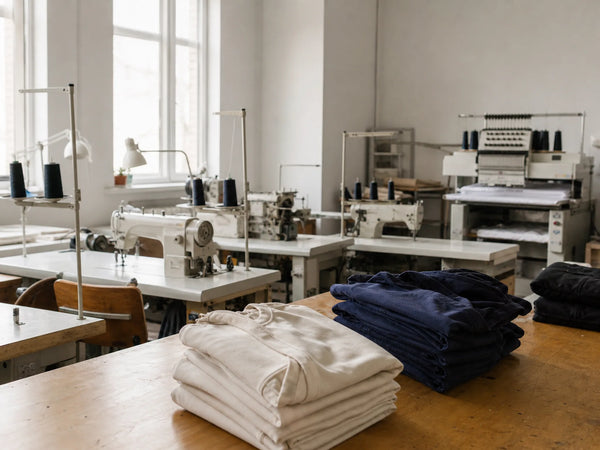 Photorealistic editorial image of industrial sewing and embroidery equipment in a clean clothing manufacturing workshop.