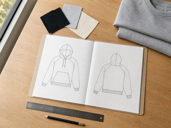 Photorealistic editorial image of a hoodie tech pack workspace with technical drawings, fabric swatches and a ruler.