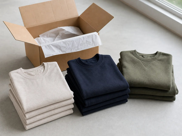Photorealistic editorial image of a small-batch clothing order with folded garments and an unbranded kraft carton.