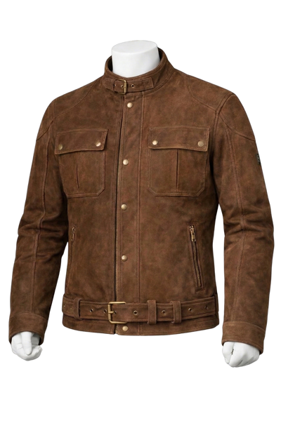 Custom Brown Suede Utility Biker Jacket manufacturing and bulk supply by DenimByte