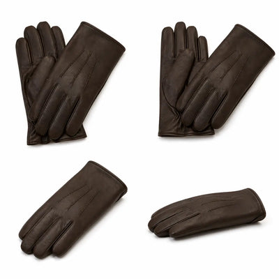 Four pairs of brown leather gloves on a white background