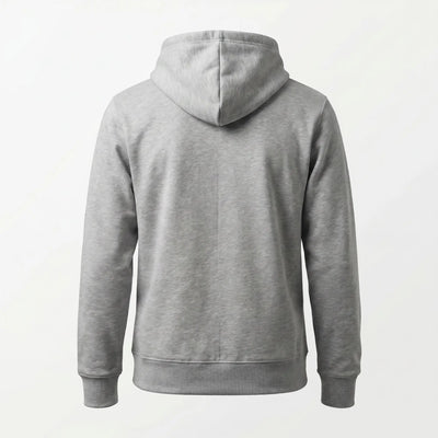 Gray hoodie shown from the back on a light gray background
