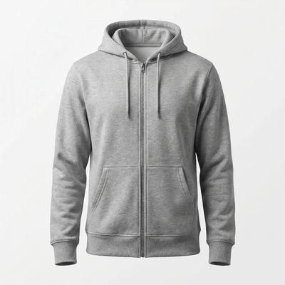 Gray hoodie with a zipper on a white background