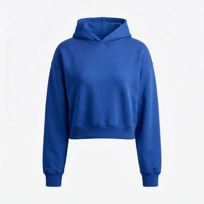 Blue crop hoodie on a light gray background