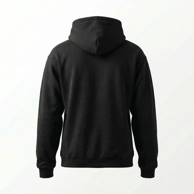 Black hoodie shown from the back on a white background