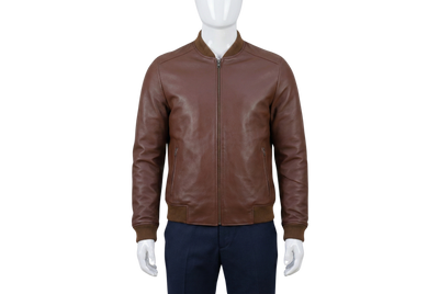 Custom Men's Rib-Knit Collar Leather Bomber Jacket manufacturing and bulk supply by DenimByte
