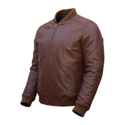 Men's Rib-Knit Collar Leather Bomber Jacket wholesale apparel product image