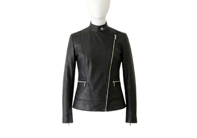 Women's Premium Leather Asymmetrical Biker Jacket front view custom apparel manufacturing