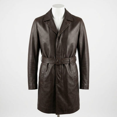 Belted Leather Coat front view custom manufacturing