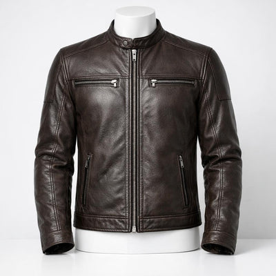 Cafe Racer Leather Jacket front view custom manufacturing