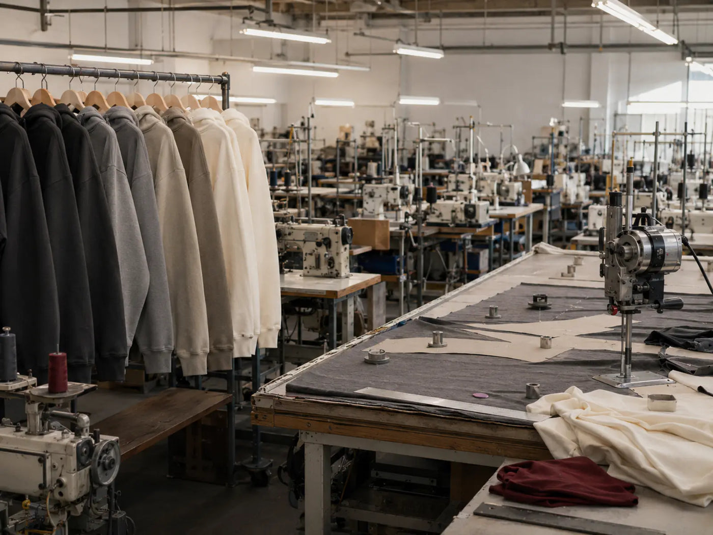 Industrial embroidery machines stitching custom garments on the DenimByte production floor