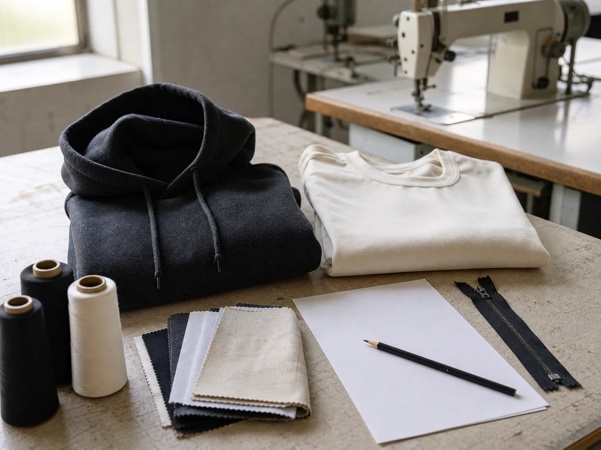 Photorealistic editorial image of garments, fabric swatches and sewing materials on a clothing workshop table.
