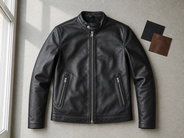 Photorealistic editorial image of a black custom leather café-racer jacket with black and brown leather swatches.