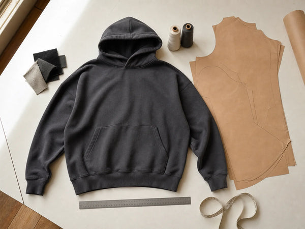 Photorealistic editorial image of a charcoal hoodie sample with paper patterns, fabric swatches and sewing tools.
