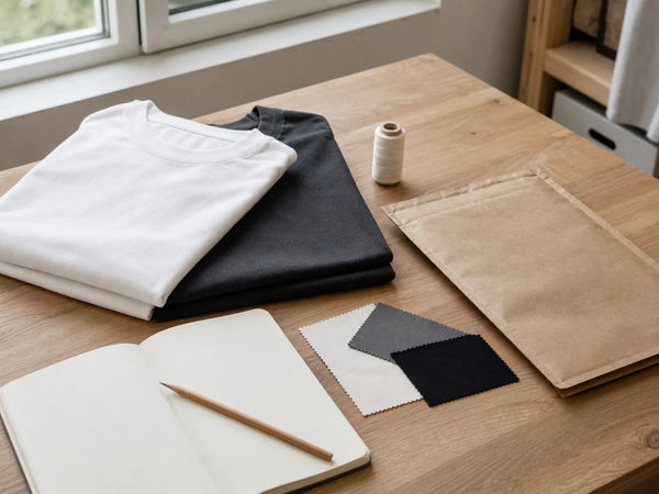 Photorealistic editorial image of a small clothing-brand workspace with blank T-shirts, swatches and packaging.
