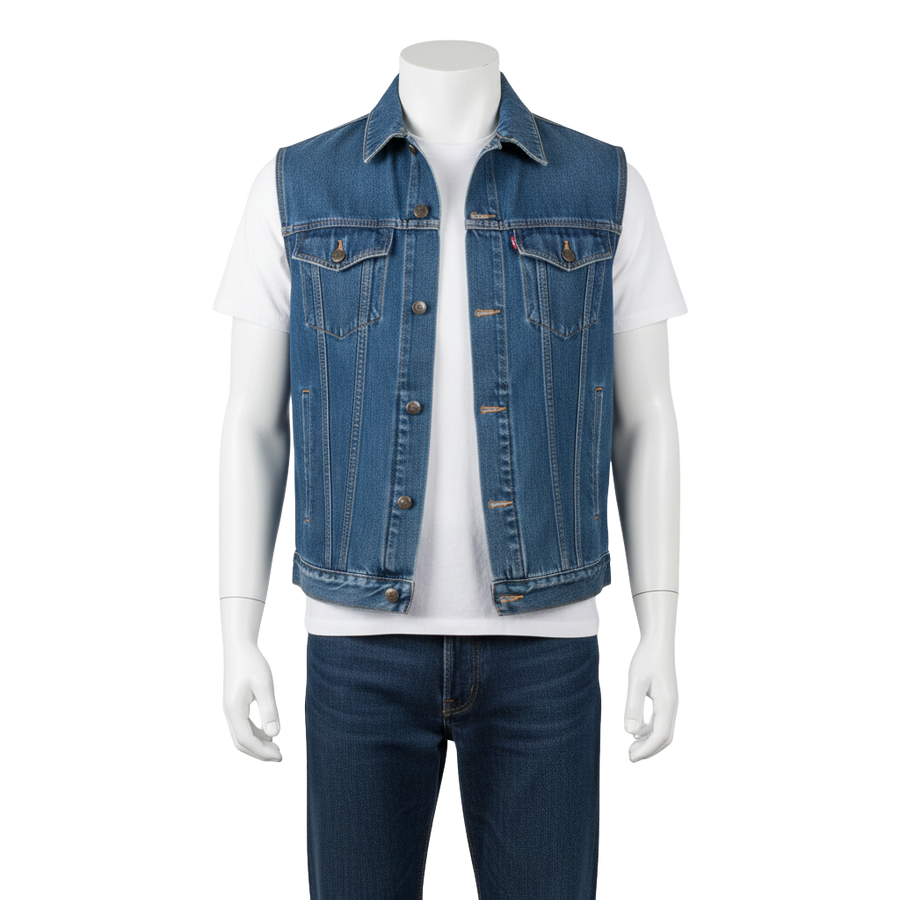 Custom Classic Medium Wash Blue Denim Vest manufacturing and bulk supply by DenimByte