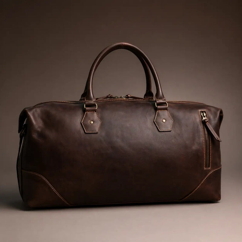 Brown leather duffel bag on a dark background