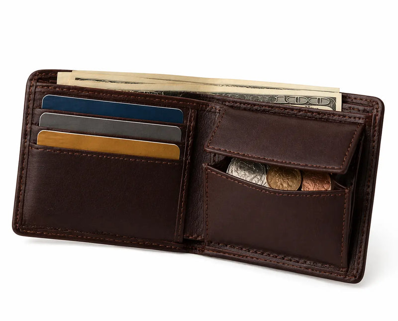 Brown leather wallet with card slots and money clip on a white background