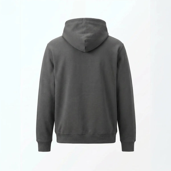 Gray hoodie shown from the back on a light gray background
