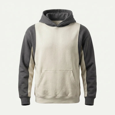 Hoodie with gray sleeves and beige body on a light gray background