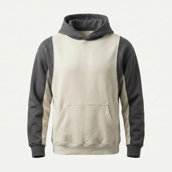 Hoodie with gray sleeves and beige body on a light gray background
