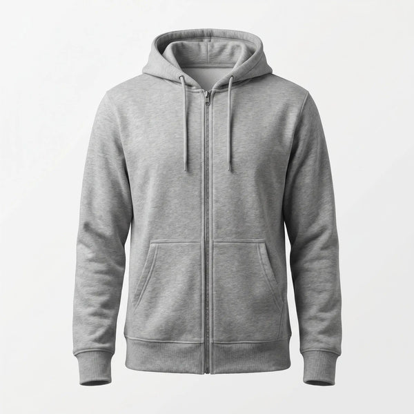 Gray hoodie with a zipper on a white background