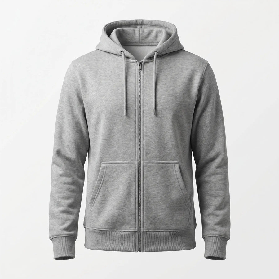 Gray hoodie with a zipper on a white background