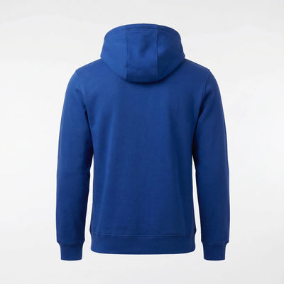 Blue hoodie shown from the back on a white background
