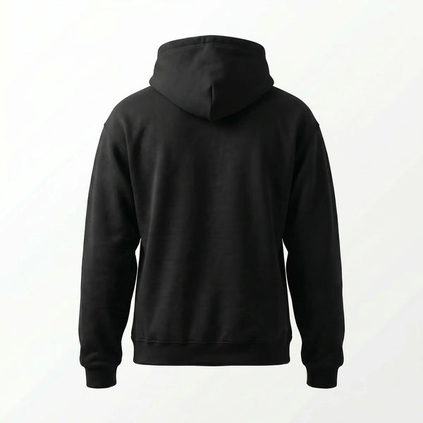 Black hoodie shown from the back on a white background