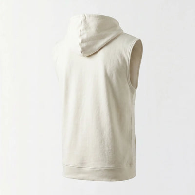 Beige sleeveless hoodie on a light gray background