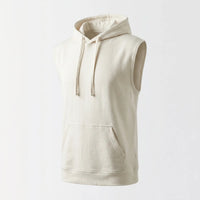 Beige sleeveless hoodie on a light gray background