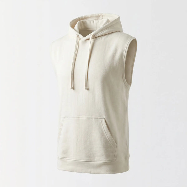 Beige sleeveless hoodie on a light gray background