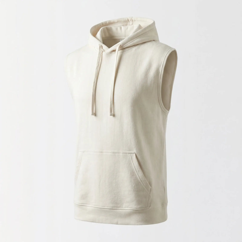 Beige sleeveless hoodie on a light gray background