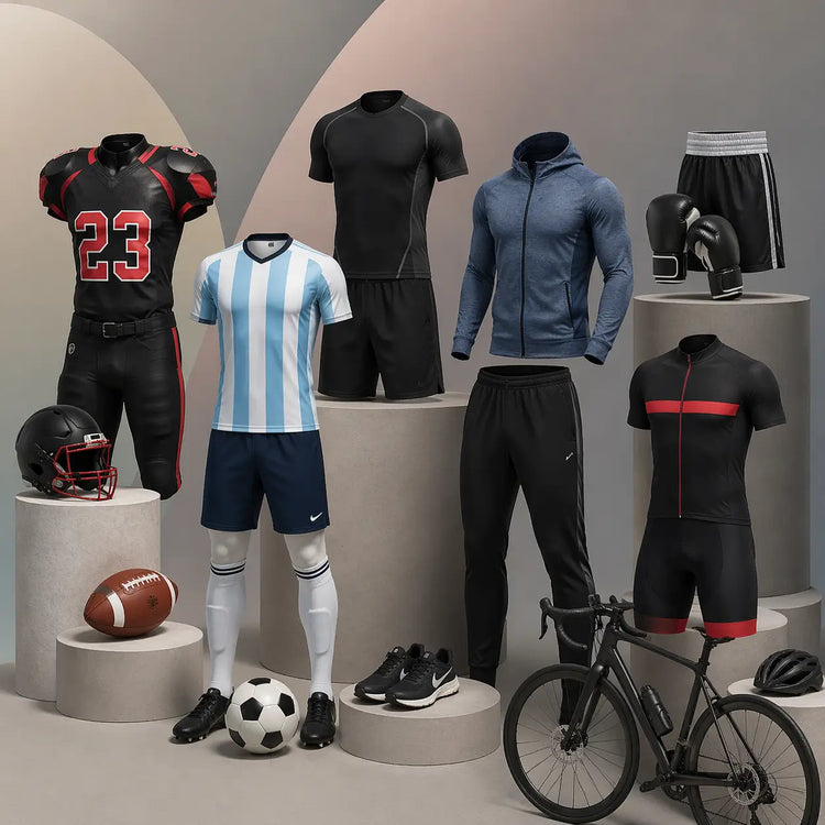 Collection of sports gear including jerseys, shorts, a bike, and sports balls on a neutral background.