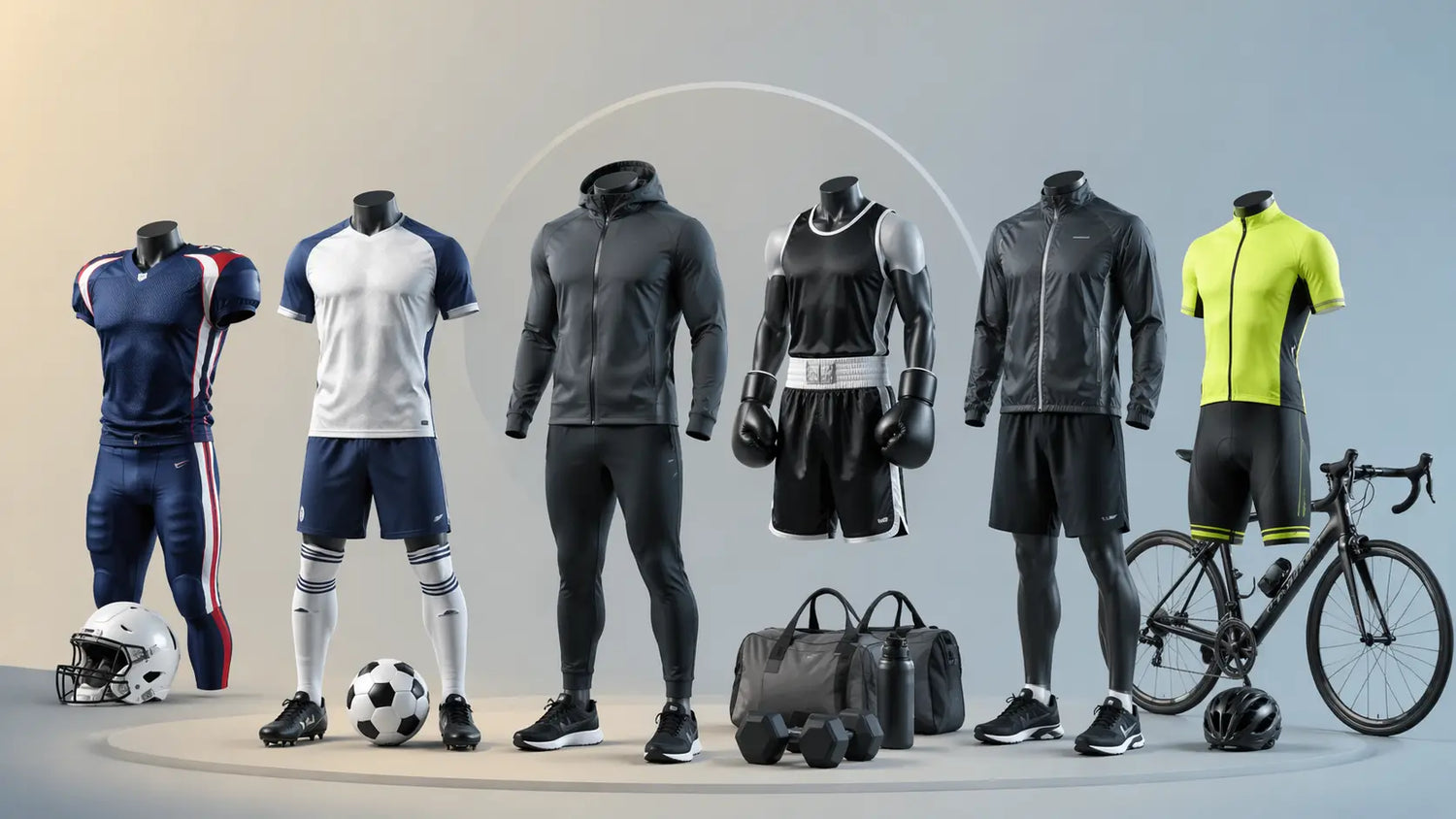 Collection of athletic clothing and equipment on mannequins against a neutral background