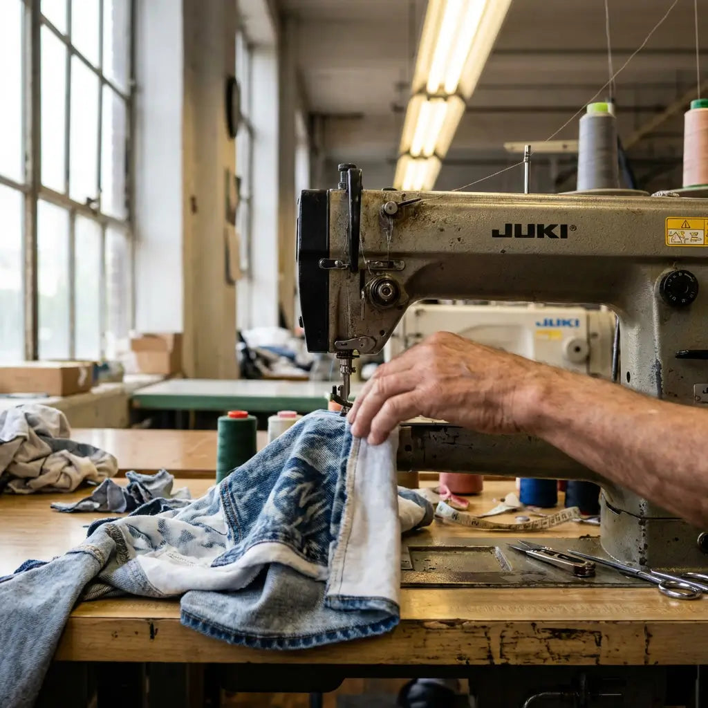 Person operating a Juki sewing machine in a workshop setting.
