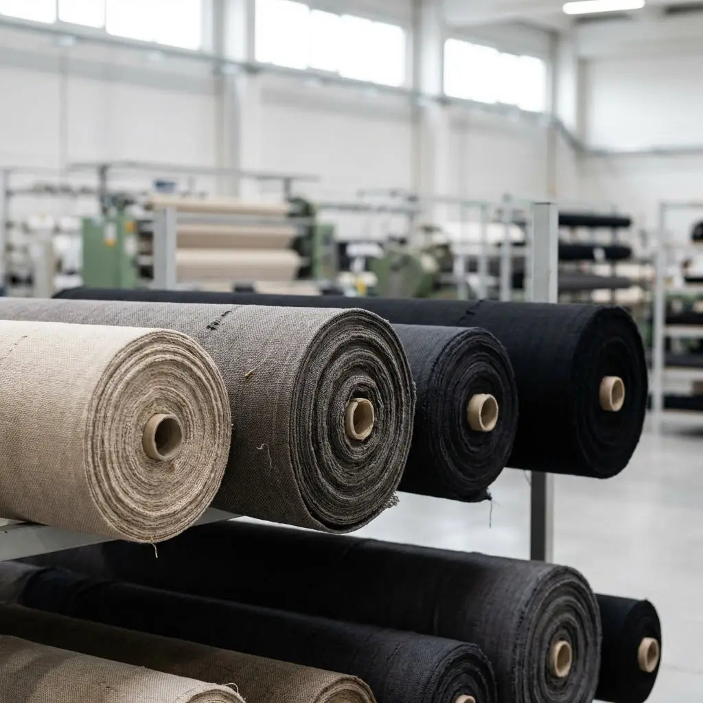 Rolls of fabric on a rack in a warehouse setting