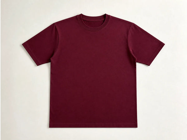 Custom 220 GSM heavy T-shirt in burgundy cotton, front flat lay