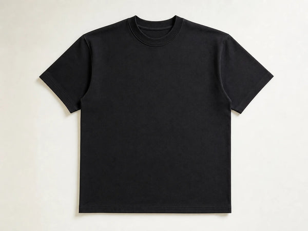 Custom 250 GSM ultra-heavy T-shirt in black cotton, front flat lay