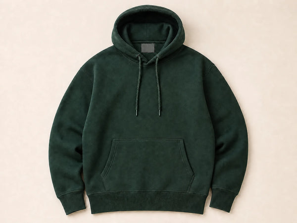 Custom 400 GSM hoodie in pine green heavyweight fleece, front flat lay