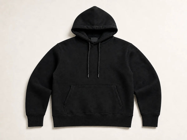 Custom 500 GSM ultra-heavy hoodie in black heavyweight fleece, front flat lay