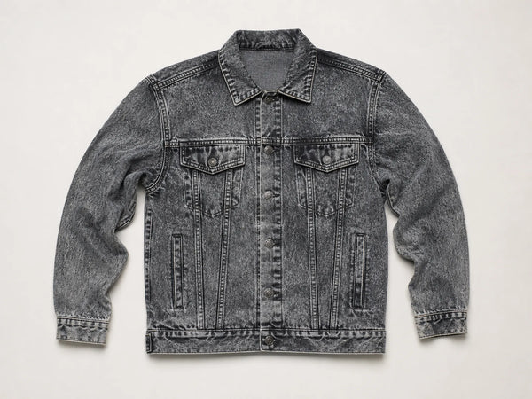 Custom grey acid-wash denim jacket, front flat lay
