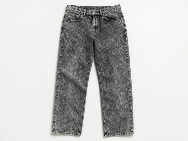 Custom black and grey acid-wash jeans, front flat lay