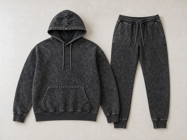 Custom charcoal acid-wash tracksuit with hoodie and joggers, front flat lay