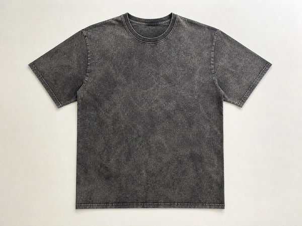 Custom acid-wash T-shirt in charcoal cotton, front flat lay