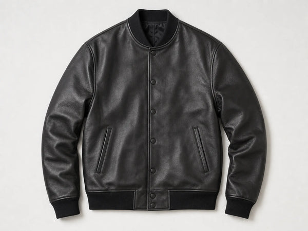 Custom black all-leather varsity jacket, front flat lay
