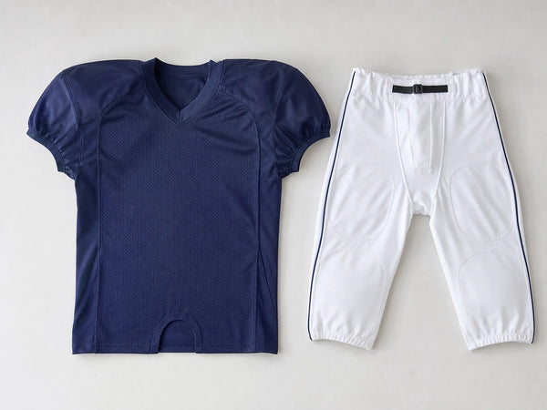 Custom navy American football jersey and white game pants, front flat lay