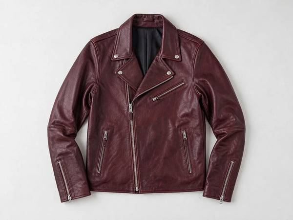 Custom oxblood asymmetric-zip biker jacket, front flat lay