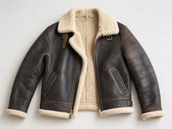 Custom brown B3 shearling aviator jacket, front flat lay